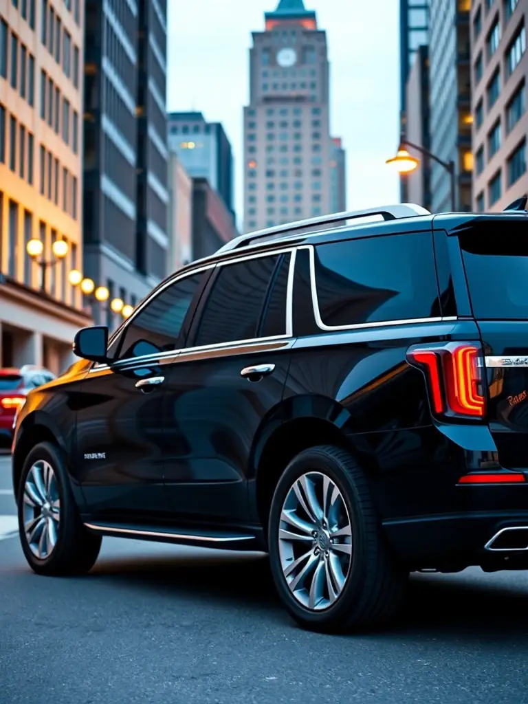 An executive SUV with tinted windows parked in a downtown Montréal location, ready for a corporate client attending an important business meeting.