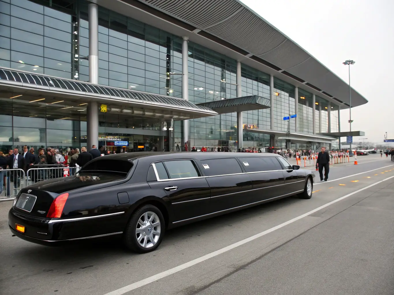 A sleek black limousine is pictured at the Montréal-Trudeau Airport (YUL), with a professional chauffeur assisting a traveler with their luggage. The scene conveys efficiency and luxury.