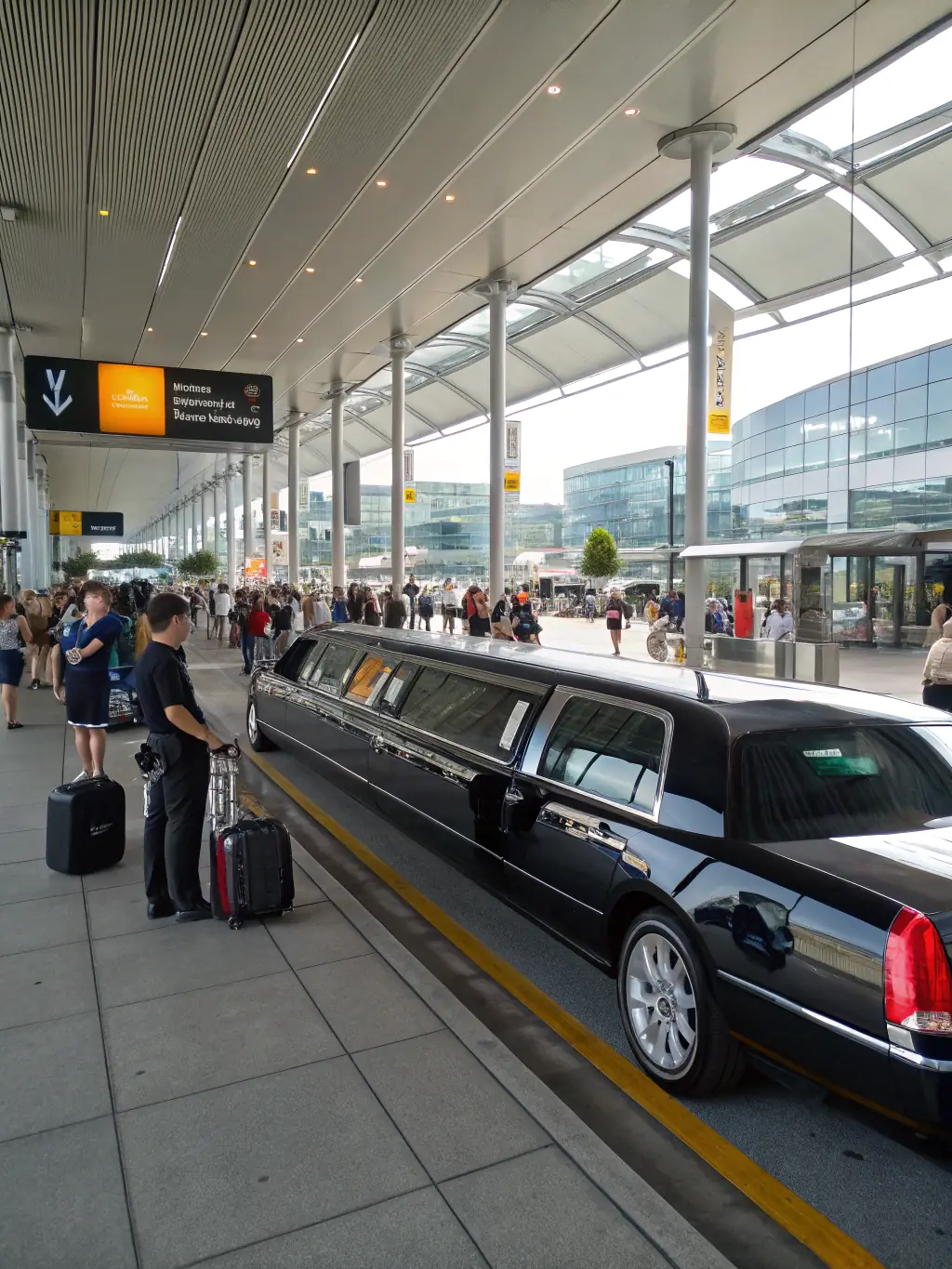 A sleek black limousine arriving at the Montreal-Trudeau Airport, with passengers exiting and a chauffeur assisting with luggage, under a clear sky, representing FW Limo's airport transfer service.