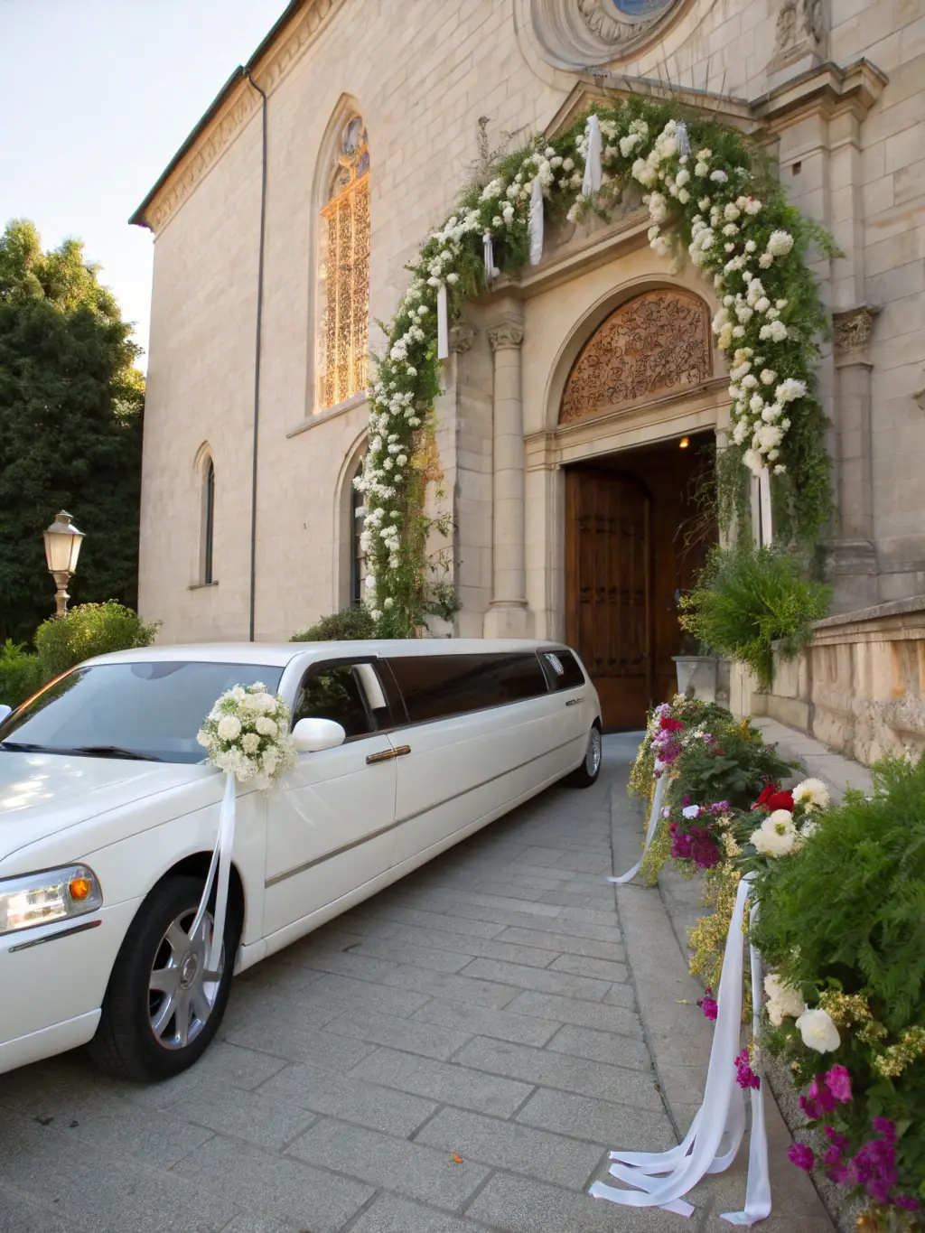 A beautifully decorated limousine parked in front of a wedding venue, with a bride and groom posing for photos, capturing the elegance of FW Limo's wedding transportation service.