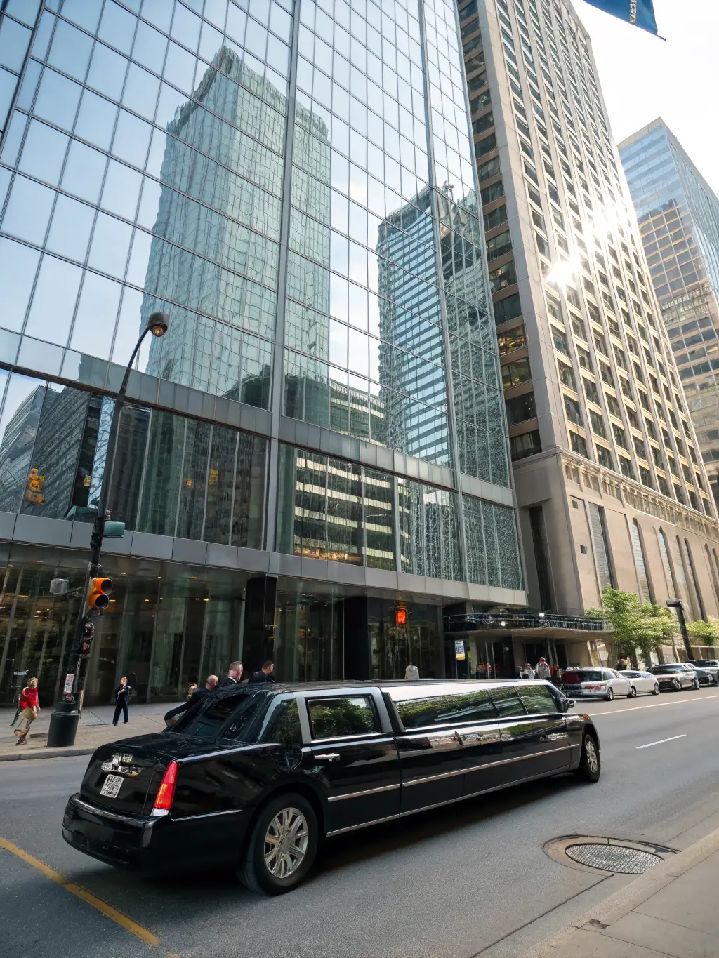 A luxury sedan driving past iconic landmarks in downtown Montreal, such as the Notre-Dame Basilica, showcasing FW Limo's city tour services.