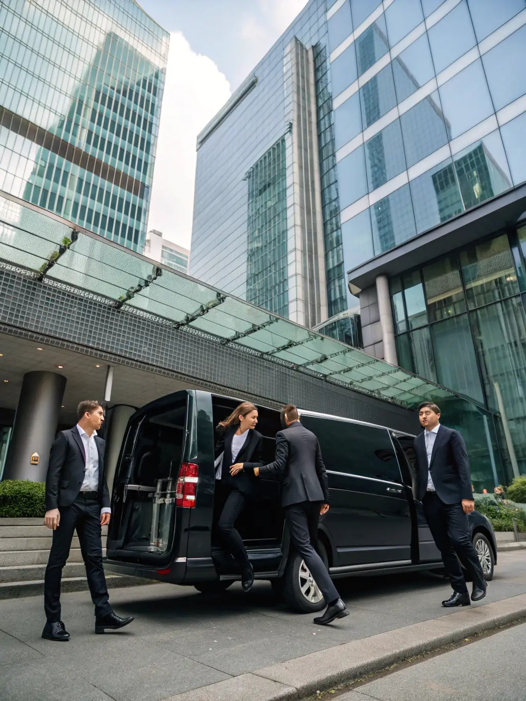 A group of smartly dressed professionals stepping out of a black SUV in front of a modern office building, symbolizing FW Limo's corporate event transportation services.