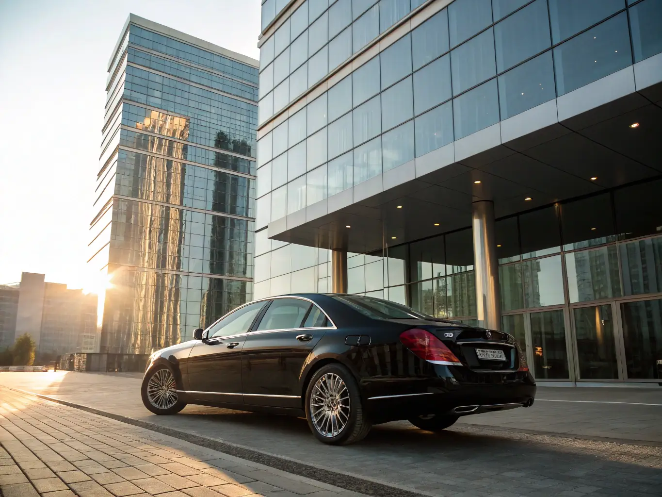 An executive sedan is shown parked outside a modern office building in downtown Montréal, suggesting a business meeting or corporate event. The car is clean and well-maintained.