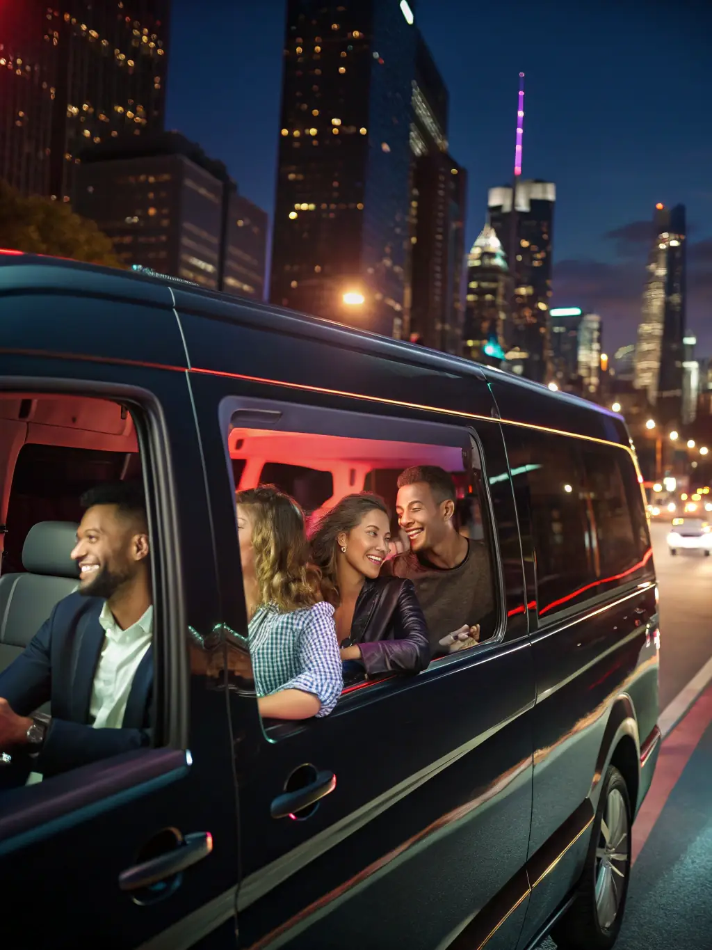 A group of young adults laughing and having fun inside a spacious Sprinter van, on their way to a special event in Montréal.