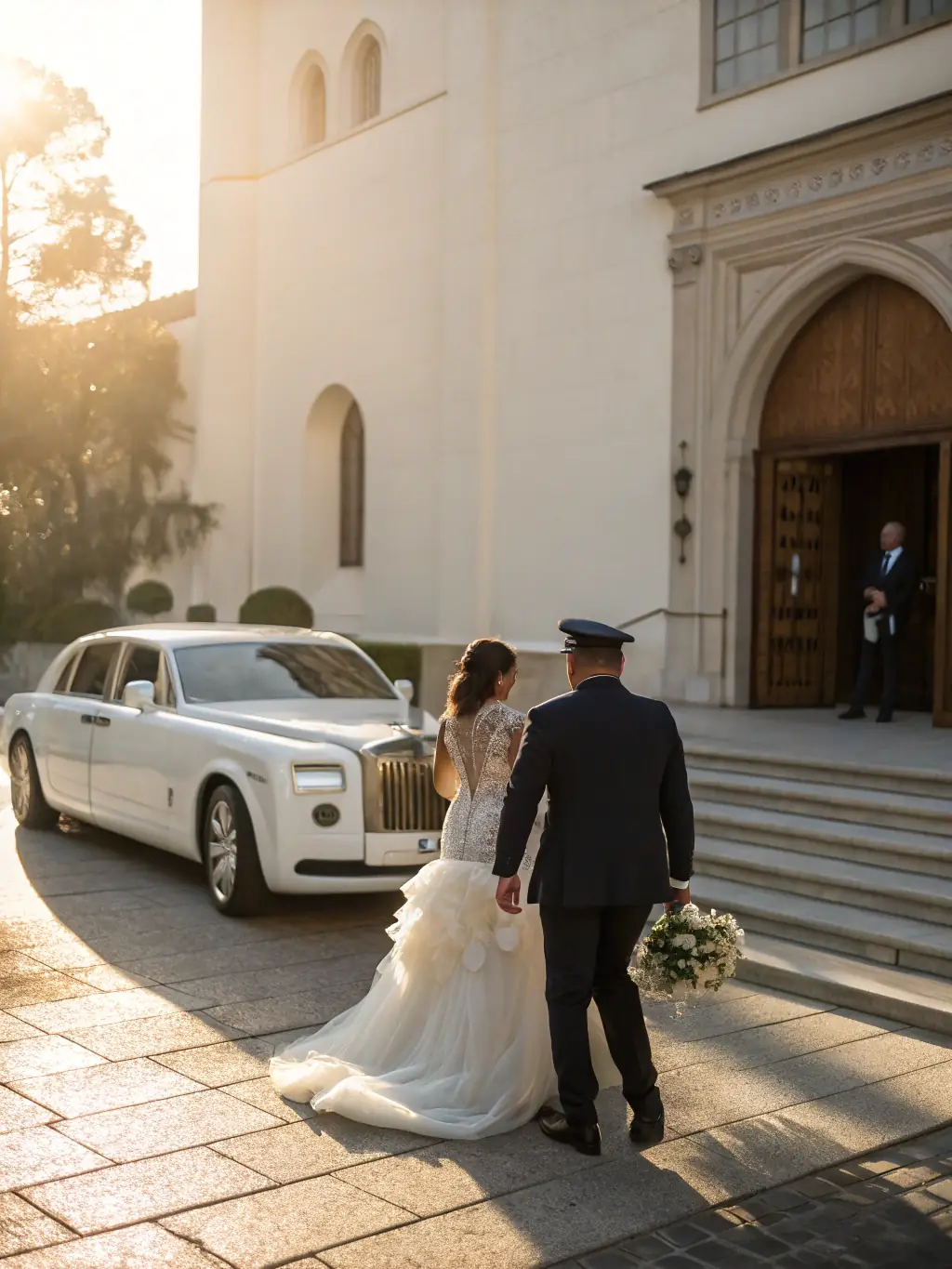 A luxurious white stretch limousine decorated for a wedding ceremony, with a happy couple inside, celebrating their special day.