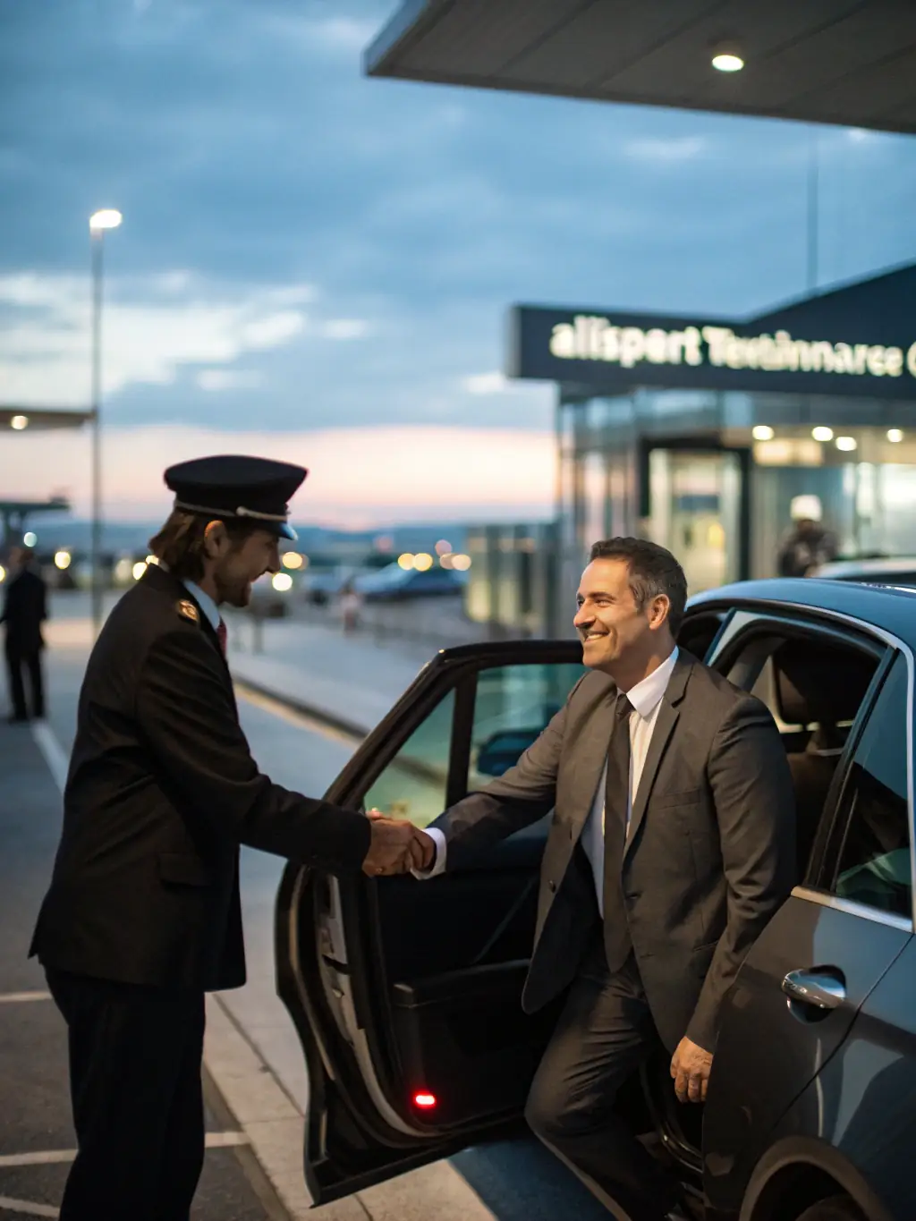 A sleek black luxury sedan parked at Montréal-Trudeau Airport with a chauffeur holding a meet-and-greet sign, ready to provide a seamless airport transfer for a traveler.