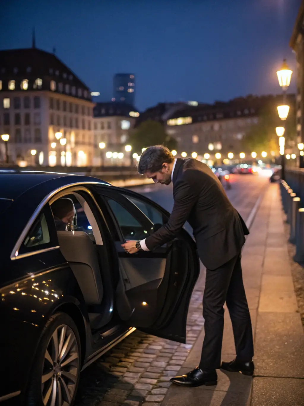A sharply dressed FW Limo chauffeur stands beside a gleaming black sedan, holding the door open for a passenger in front of the Montreal airport.